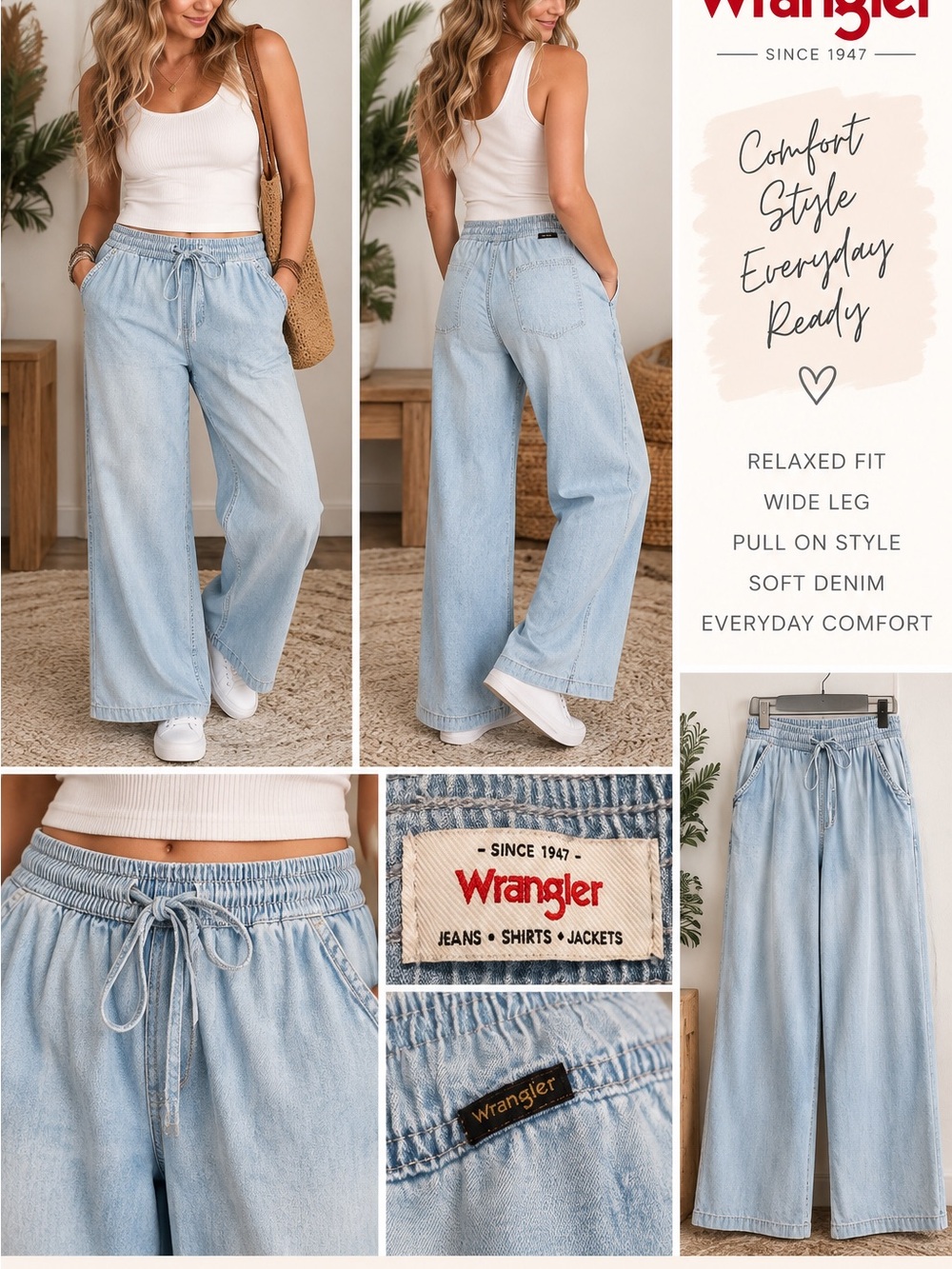 Wrangler Light Blue Wide Leg Pull-On Jeans